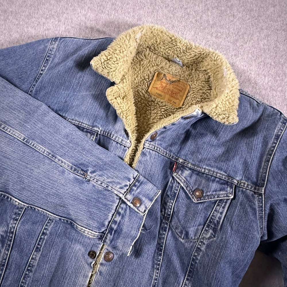 Vintage 90s Levi's 71500 Sherpa Lined Denim Trucker Jacket Men XXL Distressed